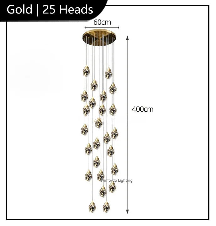 Modern crystal chandelier featuring 25 LED spiral lights, round 60 cm base, elegant 400 cm height.