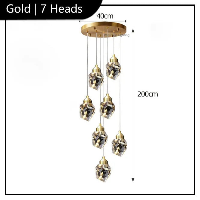Elegant crystal chandelier with seven geometric LED pendants on a round base, modern and energy-efficient.