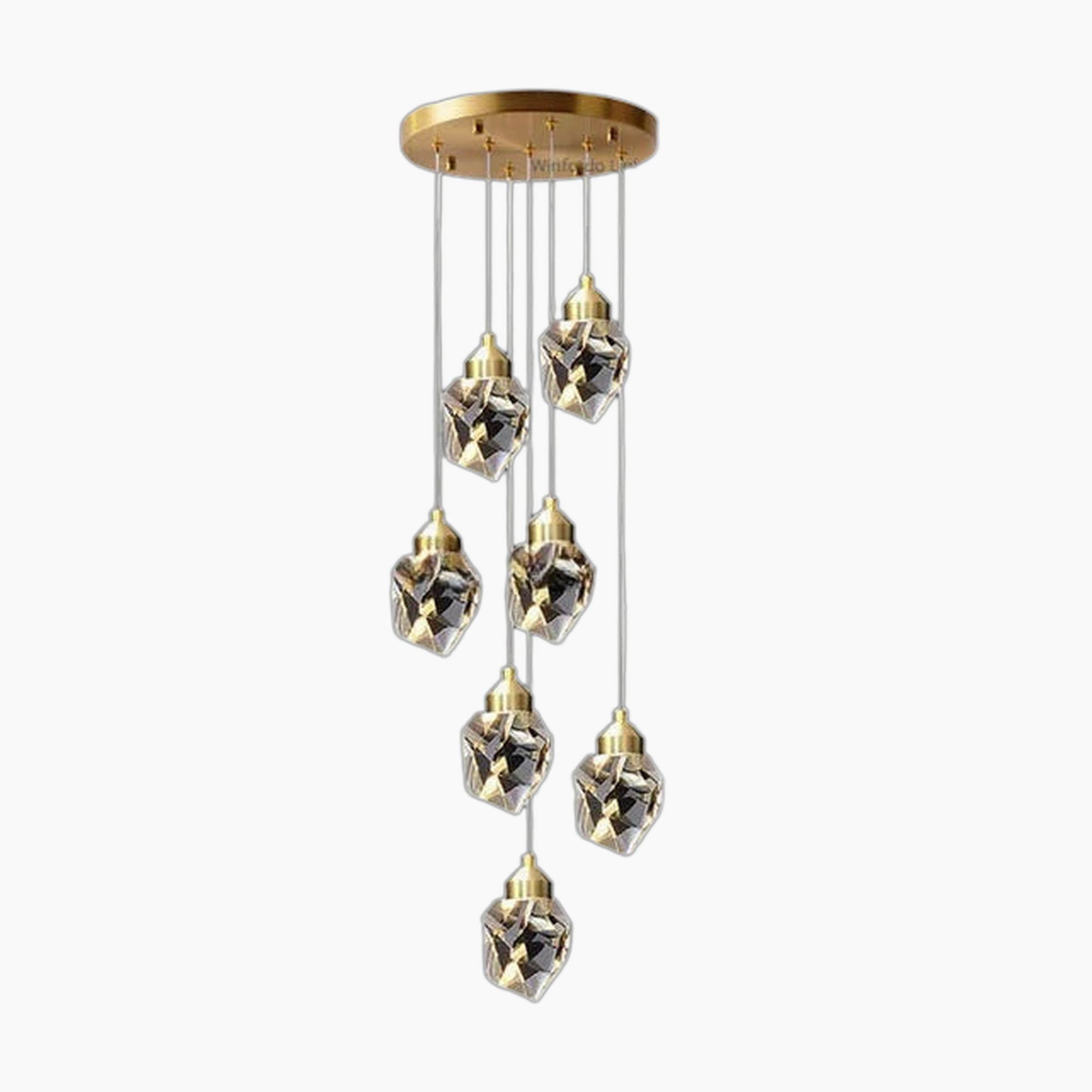 Modern gold chandelier with seven LED pendants, faceted glass shades, geometric and elegant design.