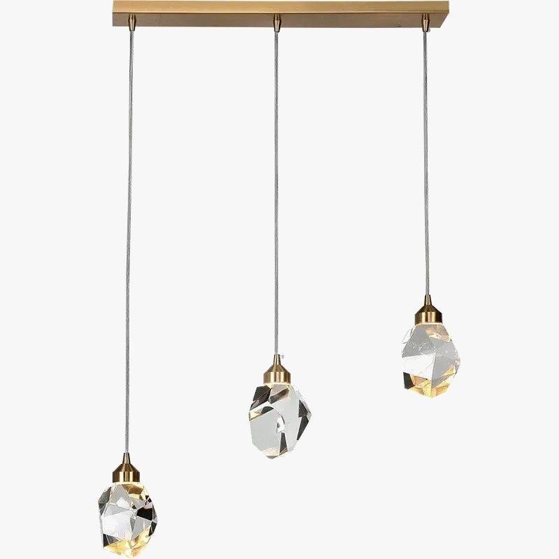Maison Ornate Modern Crystal Chandelier with three geometric crystal pendants and gold ceiling mount.