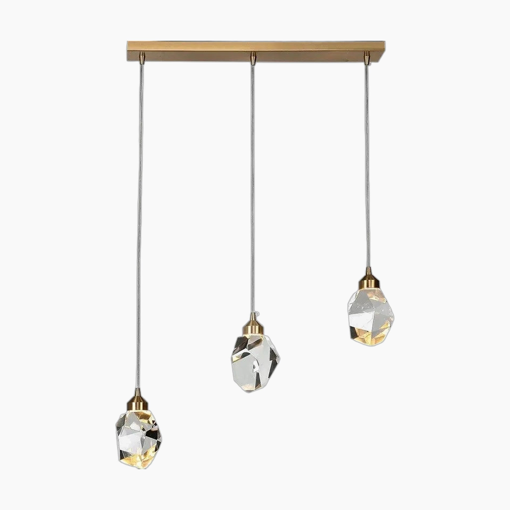 Three faceted crystal pendant chandelier with LED lighting, hanging from a rectangular gold mount.