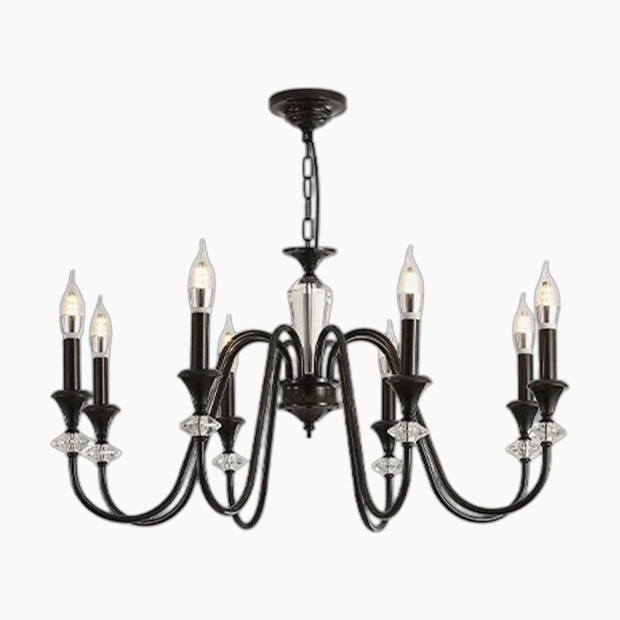 Eight-arm black metal chandelier with candle bulbs and clear crystals, classic and elegant design.