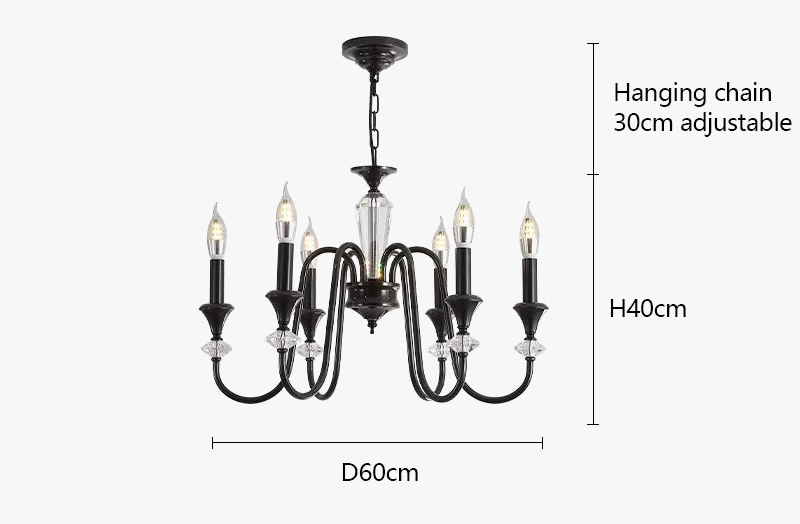 Maison Ornate Vintage Crystal Chandelier with six candle bulbs, glass accents, curved arms, adjustable chain.