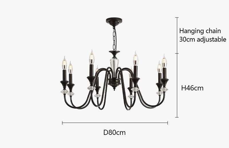 Ornate vintage crystal chandelier with six candle lights, crystal accents, and elegant curved arms.