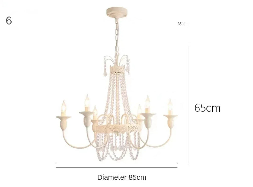 Elegant French crystal chandelier with six candle lights, sparkling chains, 65x85 cm size.