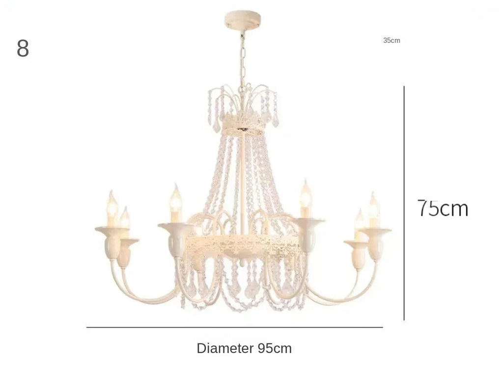 French-style chandelier with eight candle lights, crystal beads, ornate details, E14 LED compatible, semi-flush mount.