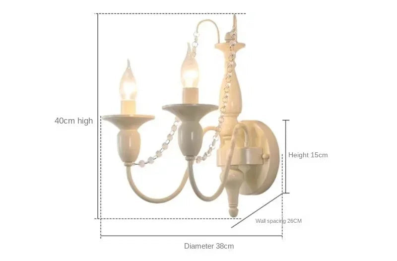 Cream French-style chandelier with two candle E14 bulbs, beaded accents, 40cm high, 38cm diameter.