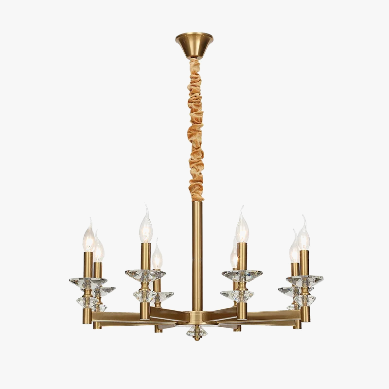 Retro industrial iron chandelier with six candle bulbs, crystal accents, and gold-fabric stem.