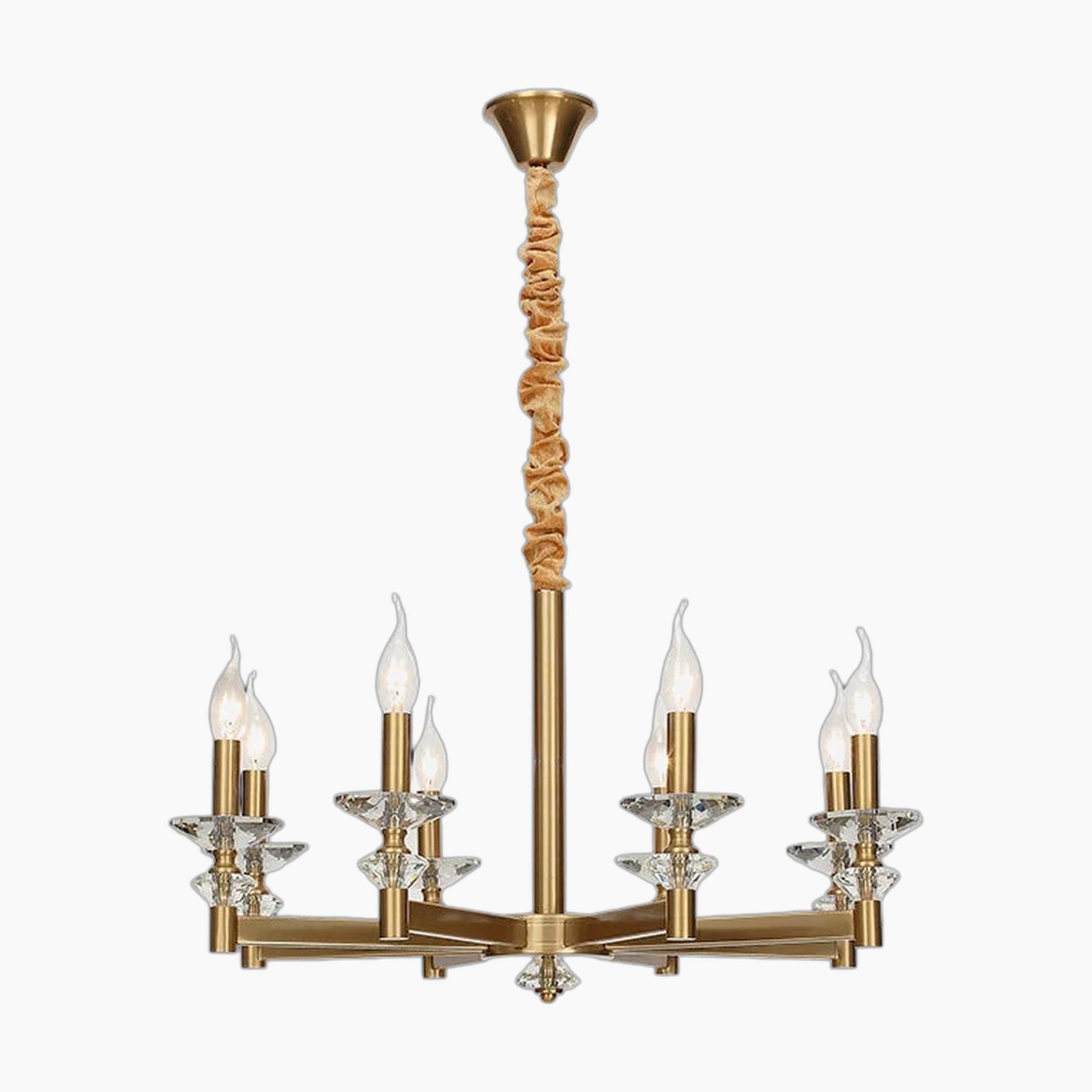 Gold-finished retro iron chandelier with six glass candle bulbs and tan fabric-wrapped central rod.