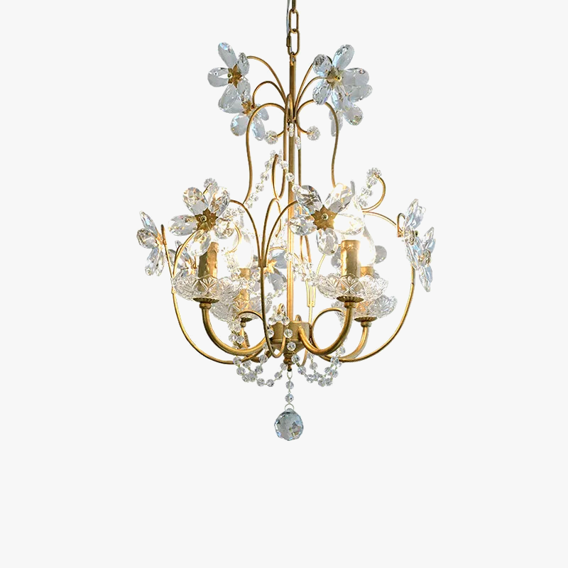 Elegant crystal chandelier with gold accents, floral crystal petals, hanging accents, and three candle-style bulbs.