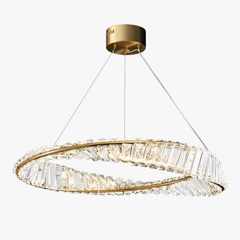 Gold frame chandelier with angled crystal glass ring and three-wire suspension, modern LED design.