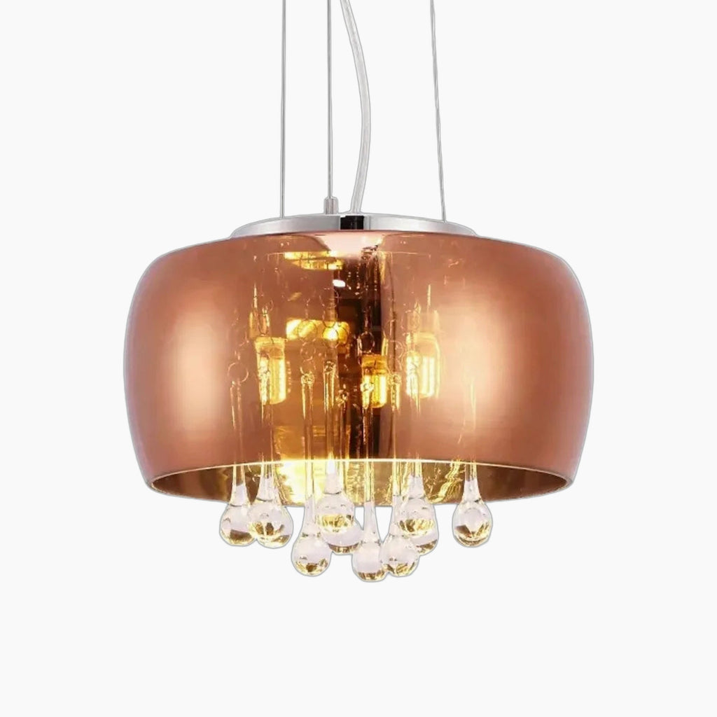 Shiny copper dome chandelier with smoked cognac glass bulbs, suspended by three wires.