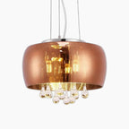 Shiny copper dome chandelier with smoked cognac glass bulbs, suspended by three wires.