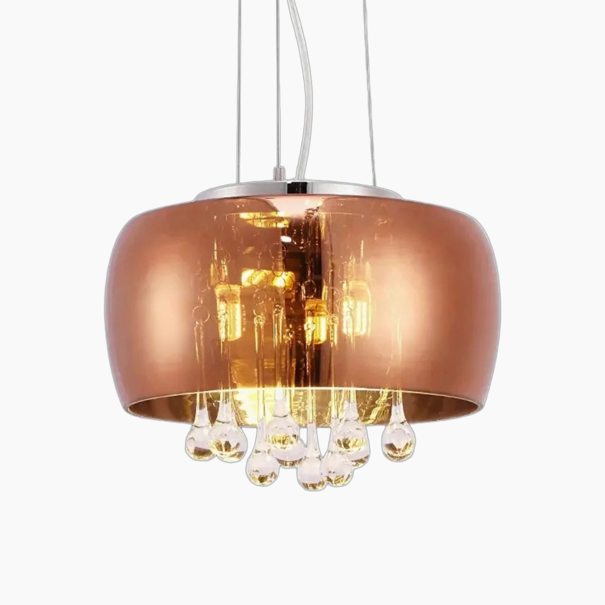 Shiny copper dome chandelier with smoked cognac glass bulbs, suspended by three wires.