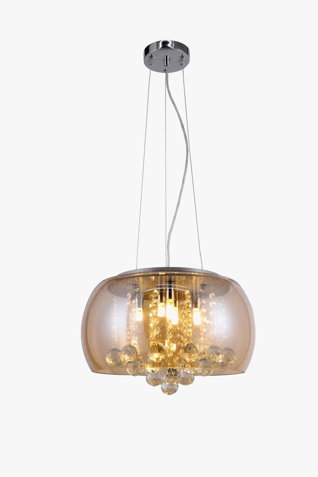 Modern chandelier with smoked cognac glass shade, chrome mount, and crystal accents around bulbs.