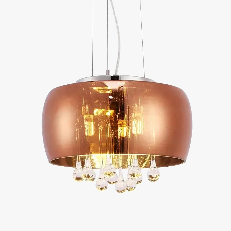Maison Ornate Modern Crystal Chandelier with copper shade, smoked cognac droplets, warm yellow glow.