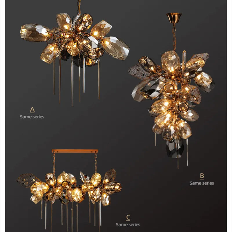 Three ornate Nordic crystal glass chandeliers, A–C, with gold accents and LED illumination.