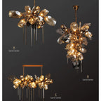 Three ornate Nordic crystal glass chandeliers, A–C, with gold accents and LED illumination.