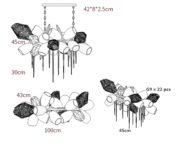 Line drawing of Maison Modern Nordic Crystal Glass chandelier with geometric LED rods, G9 x 22 bulbs, 100cm wide.