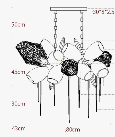 Line drawing of modern Nordic crystal glass bedroom chandelier, mesh cup shades, dual chains, 80x43x50 cm.