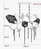 Line drawing of modern Nordic crystal glass bedroom chandelier, mesh cup shades, dual chains, 80x43x50 cm.