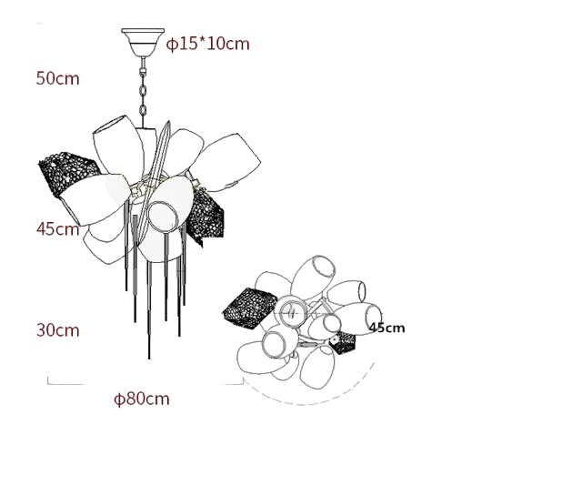 Line drawing of modern Nordic crystal glass chandelier with angled lampshades, chains, mesh. 80x50x45 cm.