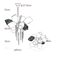 Line drawing of modern Nordic crystal glass chandelier with angled lampshades, chains, mesh. 80x50x45 cm.