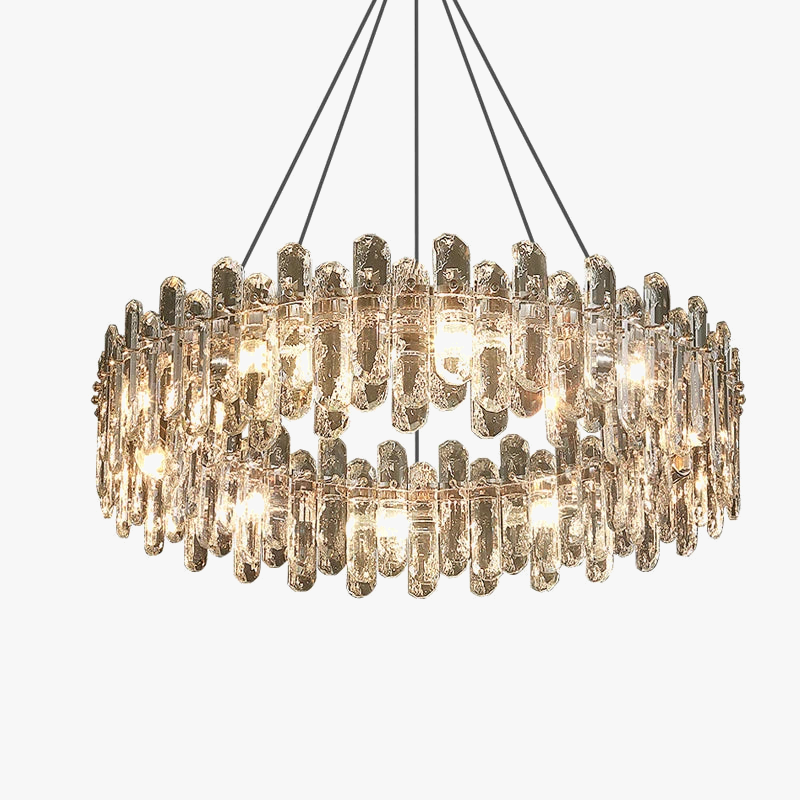Maison Ornate Golden Crystal chandelier with circular frame, vertical glass panels, and exposed bulbs.