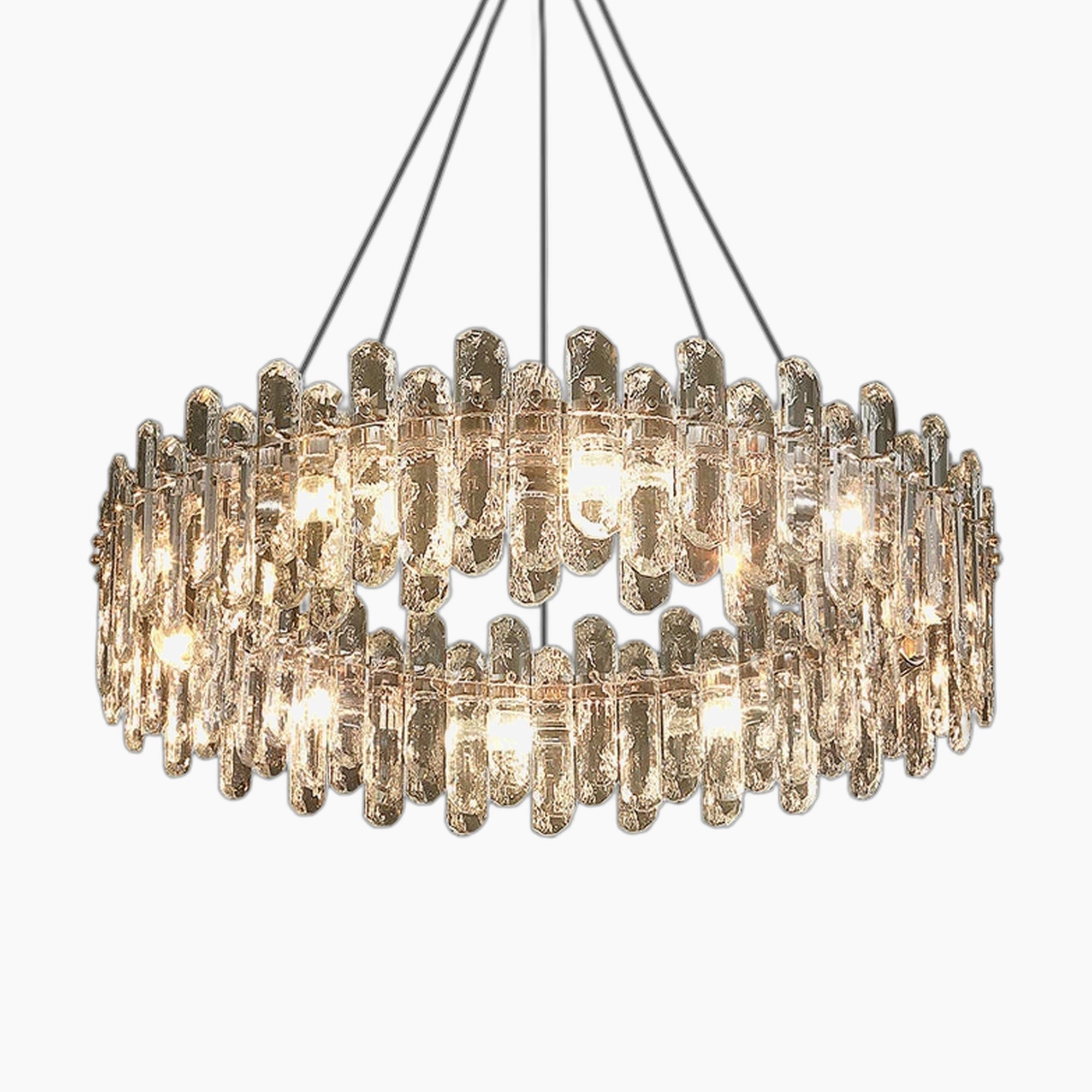 Maison Ornate Golden Crystal chandelier with textured glass panels, ringed bulbs, and hanging rods.