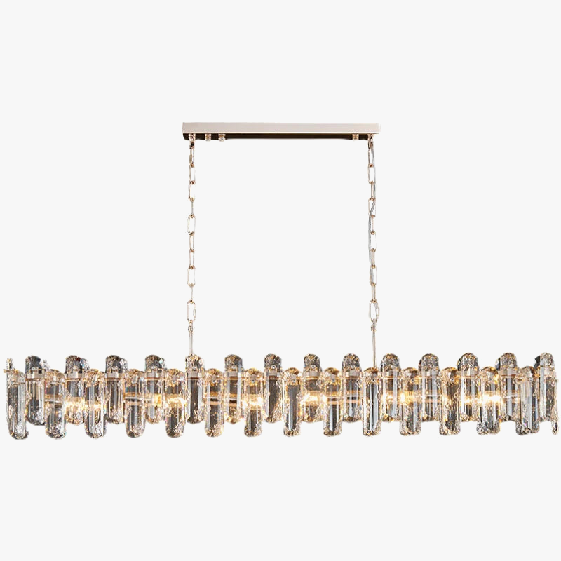 Golden Crystal chandelier with multiple prisms, warm lights, dual chains, rectangular mount—luxurious modern style.