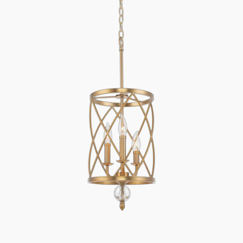 Gold swirling frame chandelier with three candle lights, crystal accent, and matching gold chain.