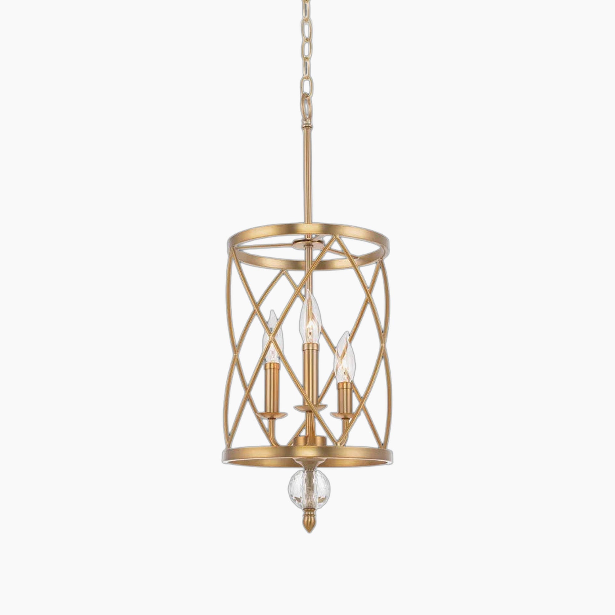 Gold swirling frame chandelier with three candle lights, crystal accent, and matching gold chain.