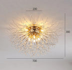 Modern starburst chandelier with crystal branches, warm LED light, 200x380x700mm dimensions.
