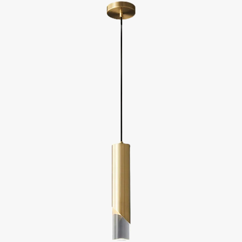 Modern gold-finished iron chandelier with cylindrical crystals, clear glass bottom, and black cord mount.