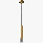 Modern gold-finished iron chandelier with cylindrical crystals, clear glass bottom, and black cord mount.