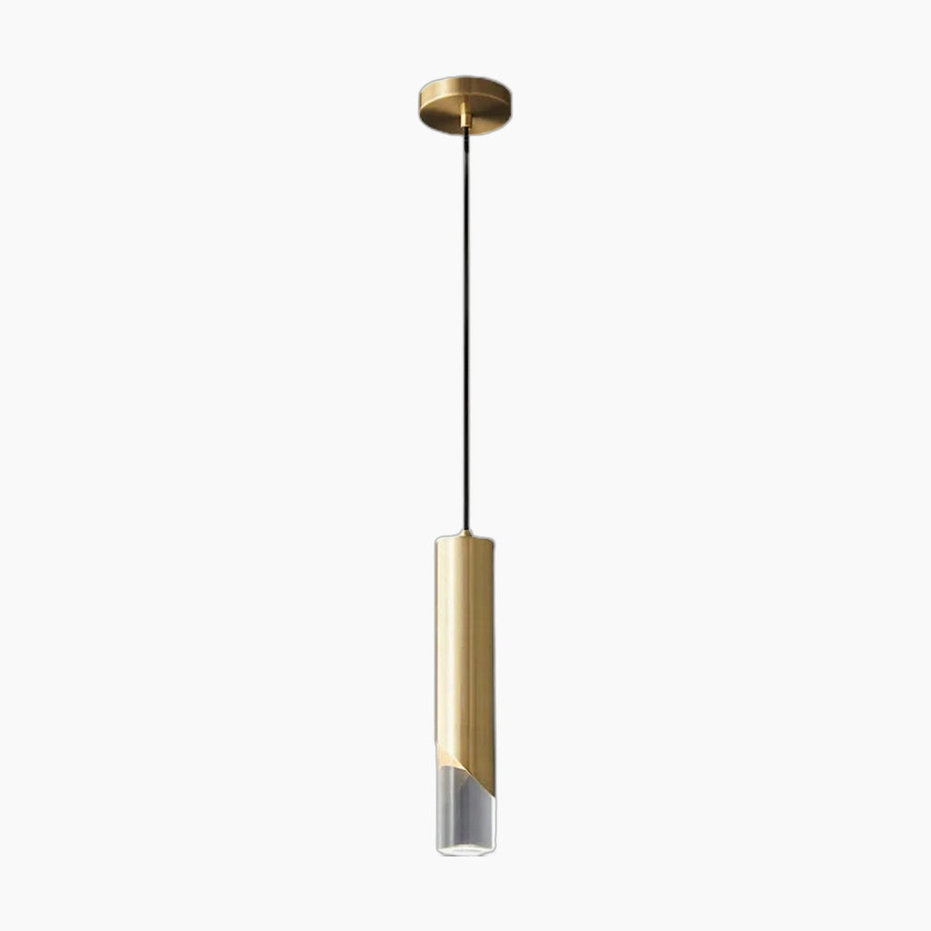 Gold cylindrical crystal chandelier with clear glass base, black cord, and round gold ceiling mount. Minimalist design.