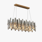 Gold rectangular chandelier with K9 crystals and LED, suspended by two wires for elegance.