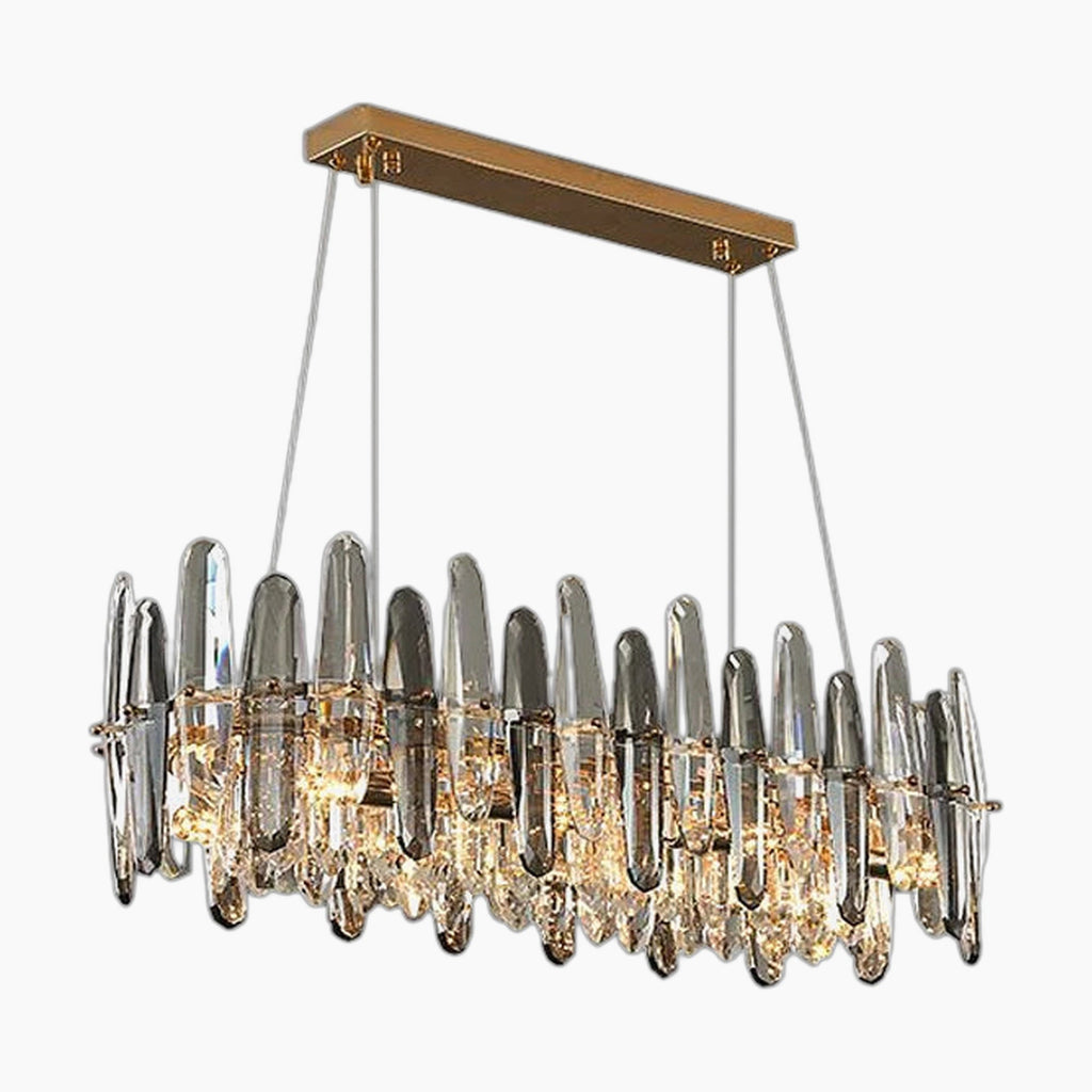 Gold-mounted dimmable chandelier with vertical K9 crystal rods, integrated LED, and four cable suspension.