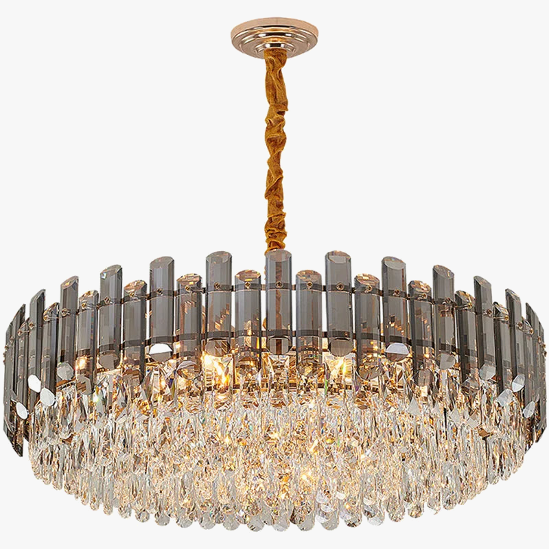 Round gold-frame chandelier with vertical glass panels and clear crystal prisms, fabric-wrapped chain.