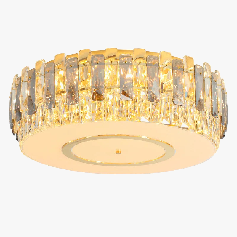 Round gold-base chandelier with vertical rectangular crystals and dimmable warm LED light, modern elegance.