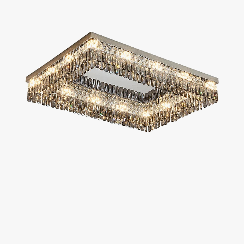 Two-tier rectangular LED chandelier with layered crystal prisms for a sparkling, modern style.