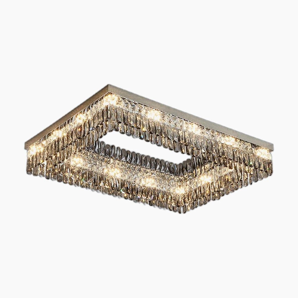 Rectangular LED chandelier with metallic base and cascading crystals, hollow center, modern design.