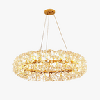 Gold LED crystal dandelion chandelier with slim wires, sparkling accents, and warm Art Deco glow.
