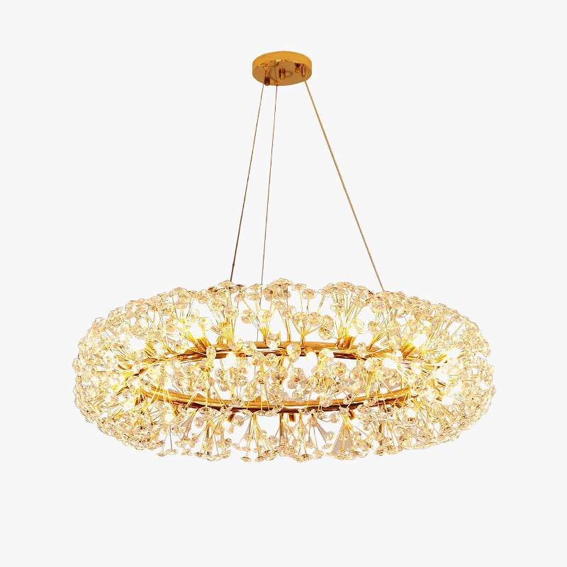 Gold LED crystal dandelion chandelier with slim wires, sparkling accents, and warm Art Deco glow.