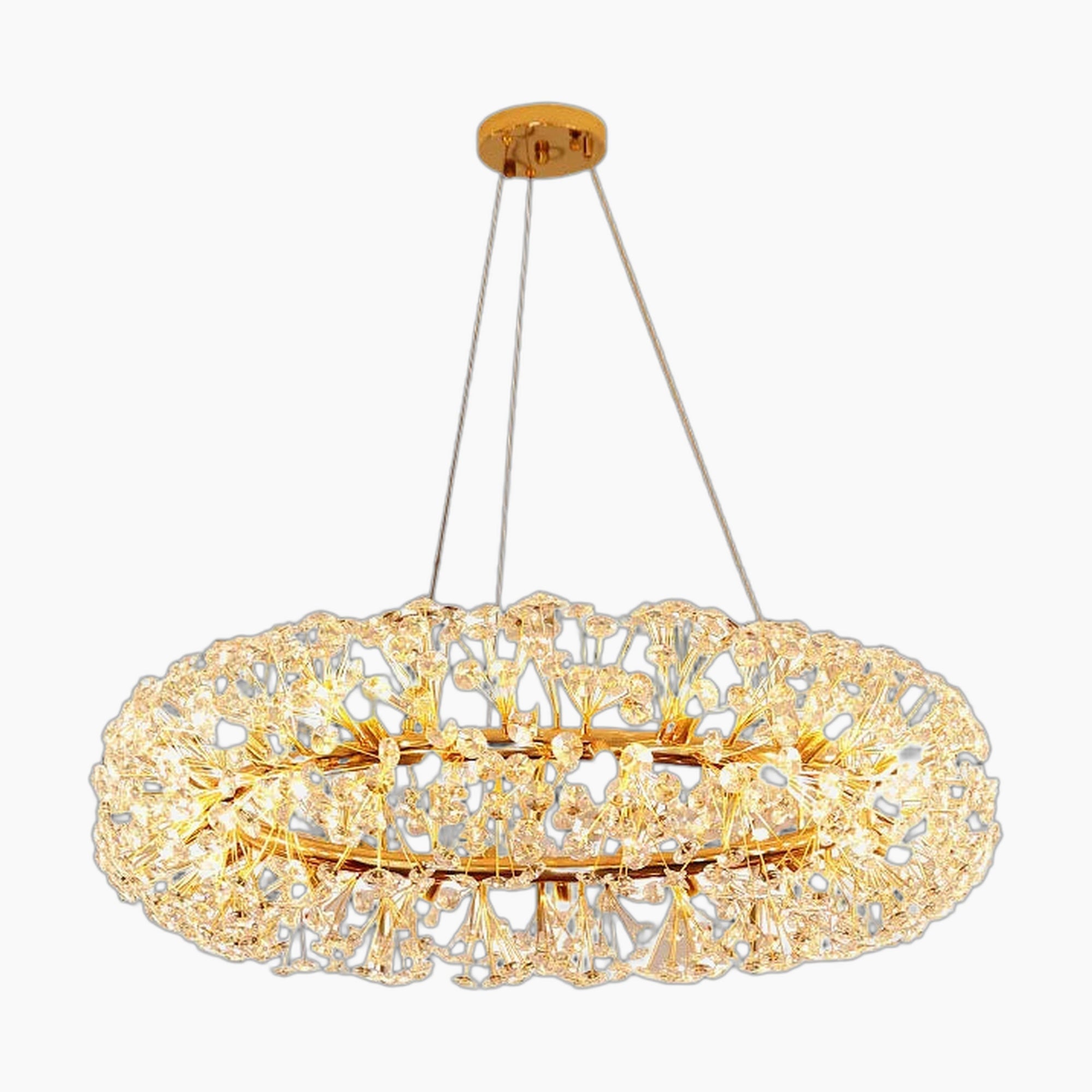 Modern oval chandelier with gold frame, branching crystal design, and thin suspension wires.