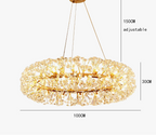 Gold and crystal dandelion chandelier, floral sparkling design, 100cm wide, elegant Art Deco style.