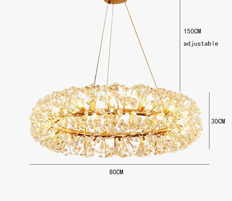 LED crystal dandelion-style chandelier with Art Deco design and adjustable wires, radiating elegant light.
