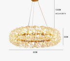 Circular chandelier with crystal dandelion accents, three wires, 80x30cm size, Art Deco-inspired warm LED glow.