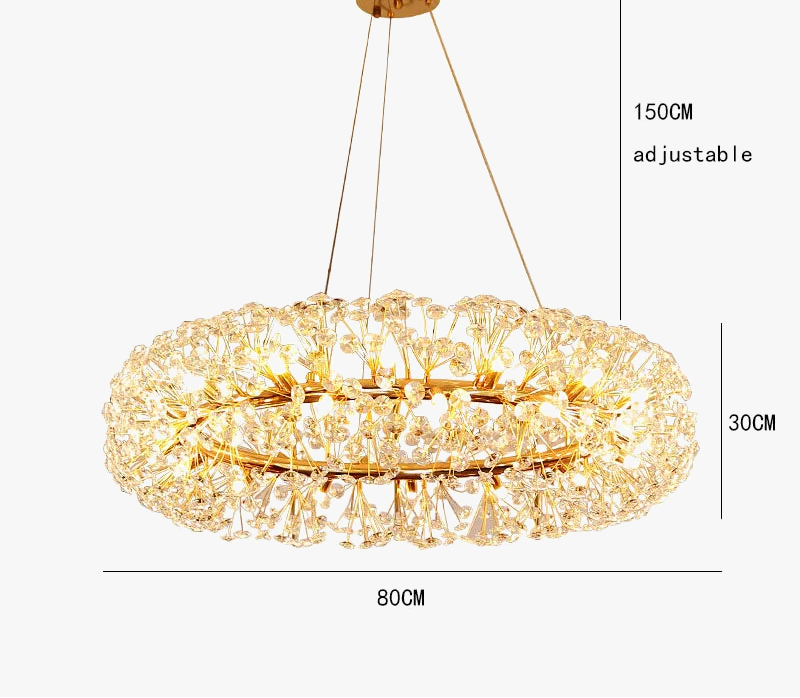 Circular chandelier with crystal dandelion accents, three wires, 80x30cm size, Art Deco-inspired warm LED glow.