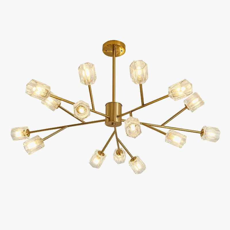 Maison Ornate Modern Nordic LED chandelier with multiple gold arms and faceted glass covers.
